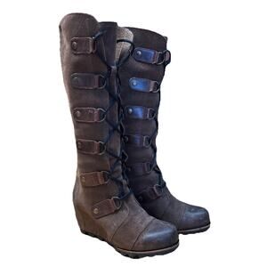 Sorel Joan of Arctic Boots Women's 6 Brown Suede Lace Up Knee High Tall Wedge